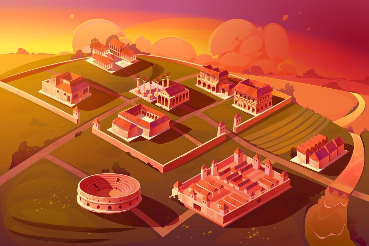 Rome isometric sunset landscape, antique building vector