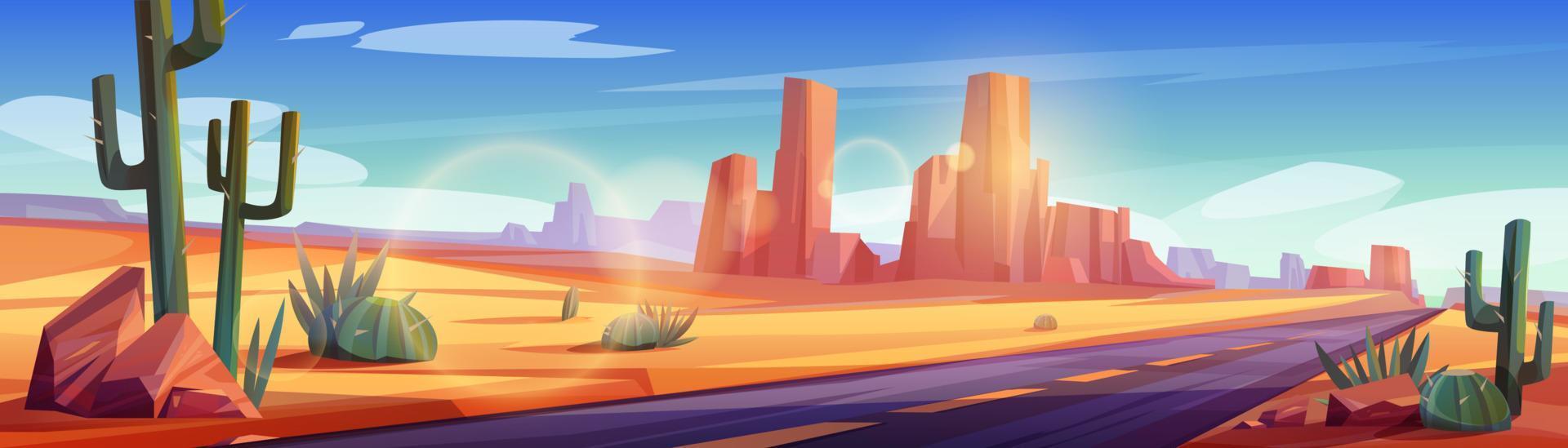 Road in desert landscape with rocks and cacti vector