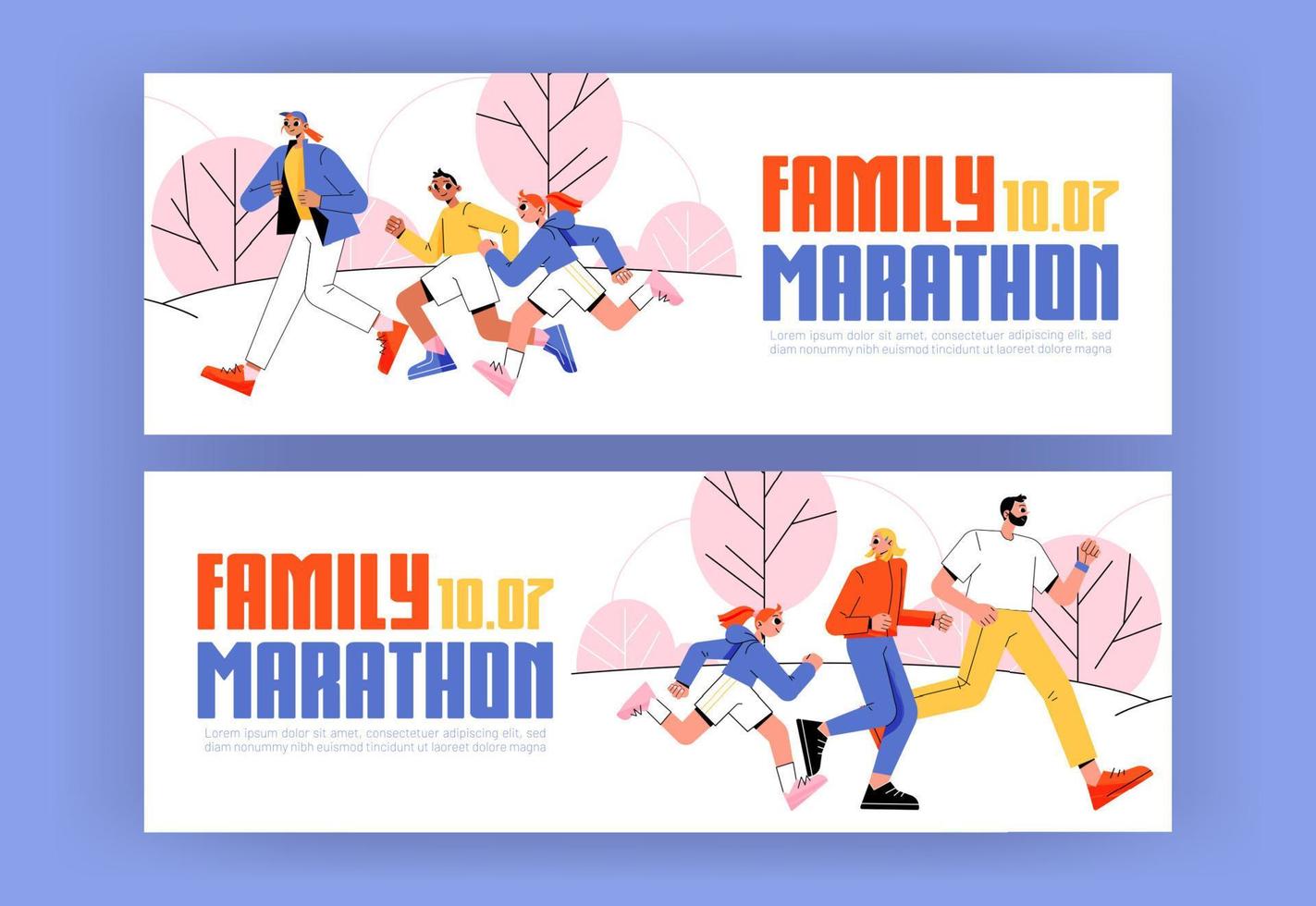 Family marathon ads banners, invitation, sport vector