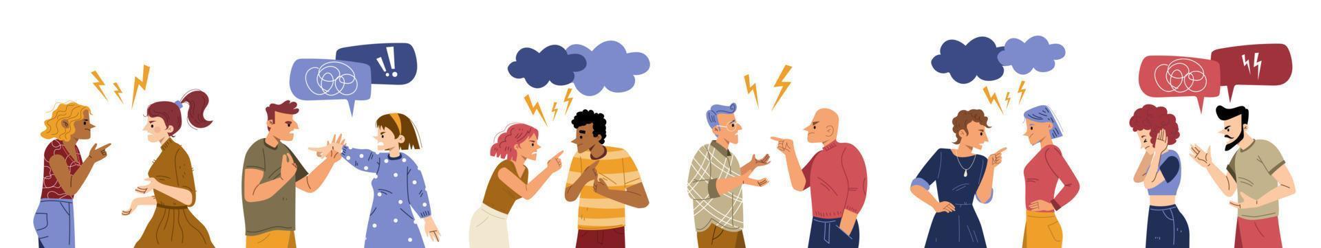 Couples conflict, quarrel, angry people swear vector