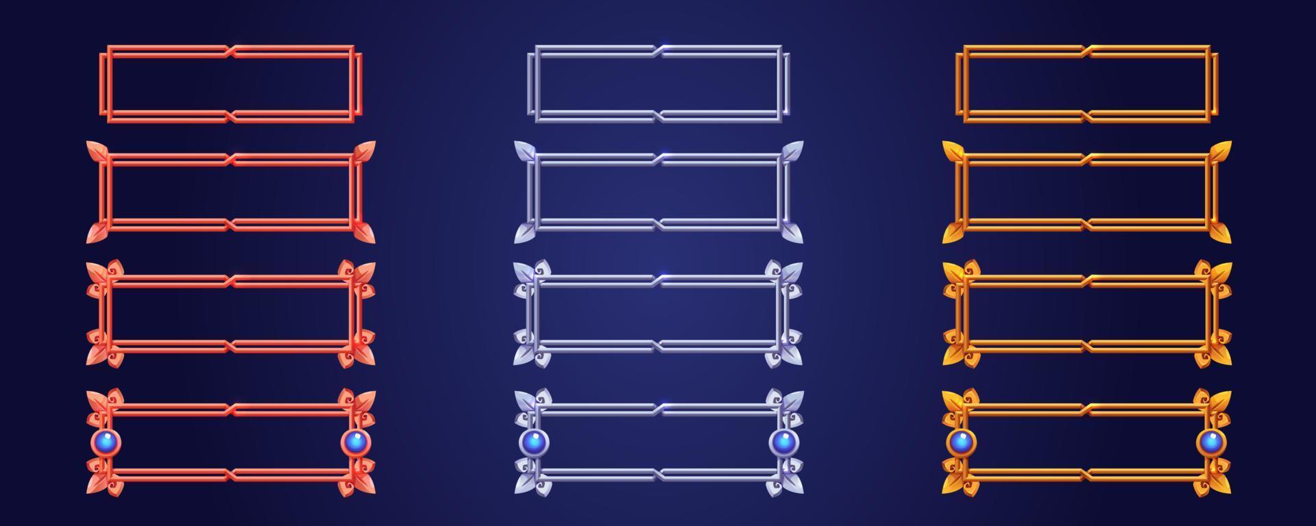 Silver bronze golden vintage game frames, borders vector