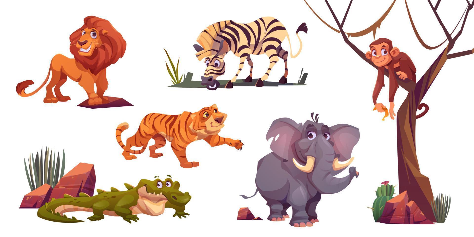 Cartoon wild animals in zoo or safari park set vector