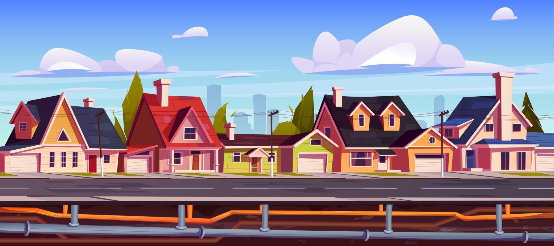 Suburb houses and underground pipeline cartoon vector