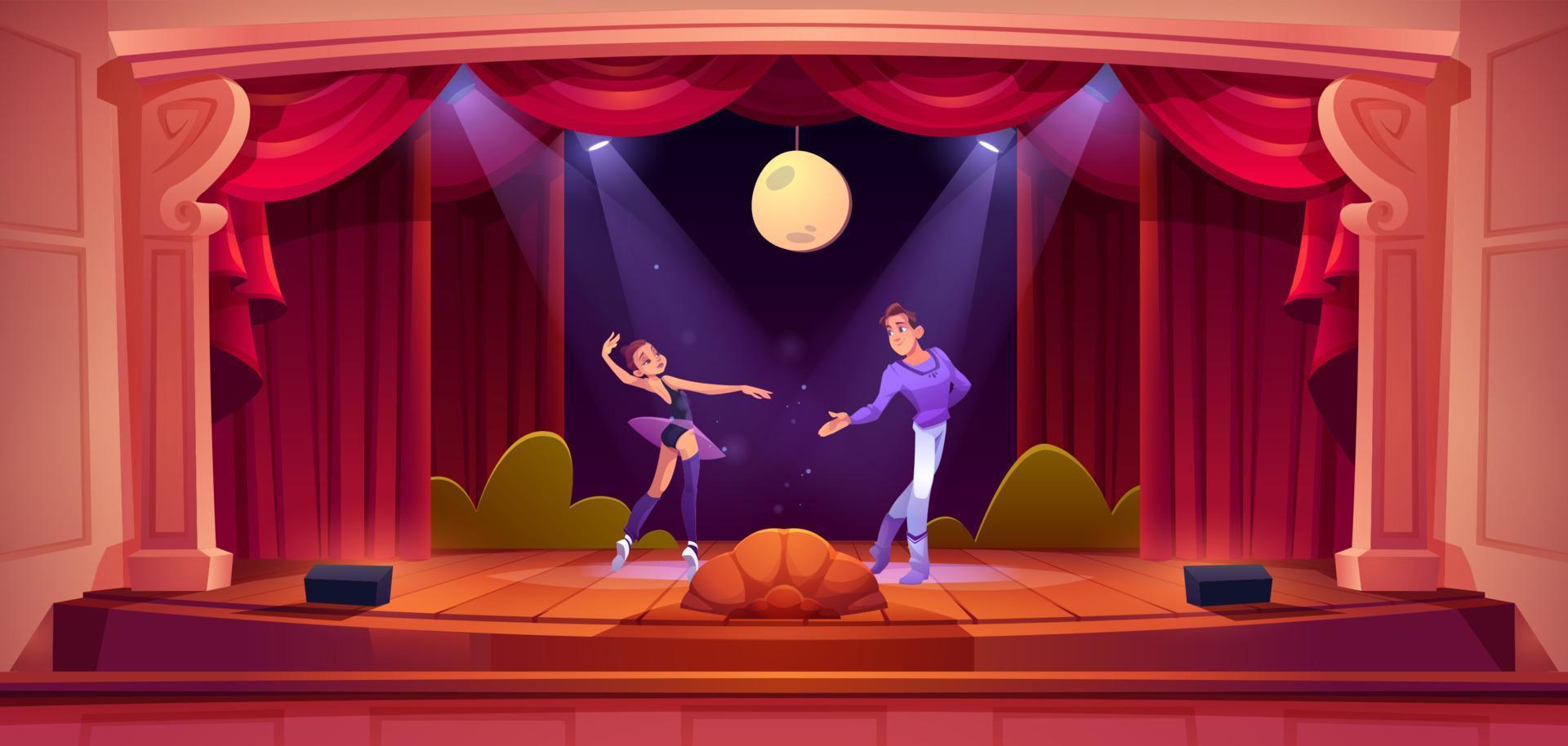 Ballet dancers perform dance on theater scene vector