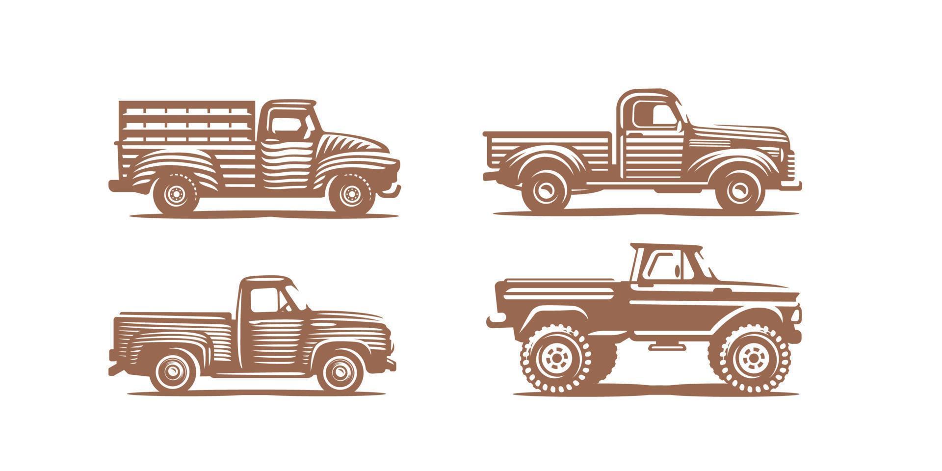 Farm trucks retro drawing, vector illustration set