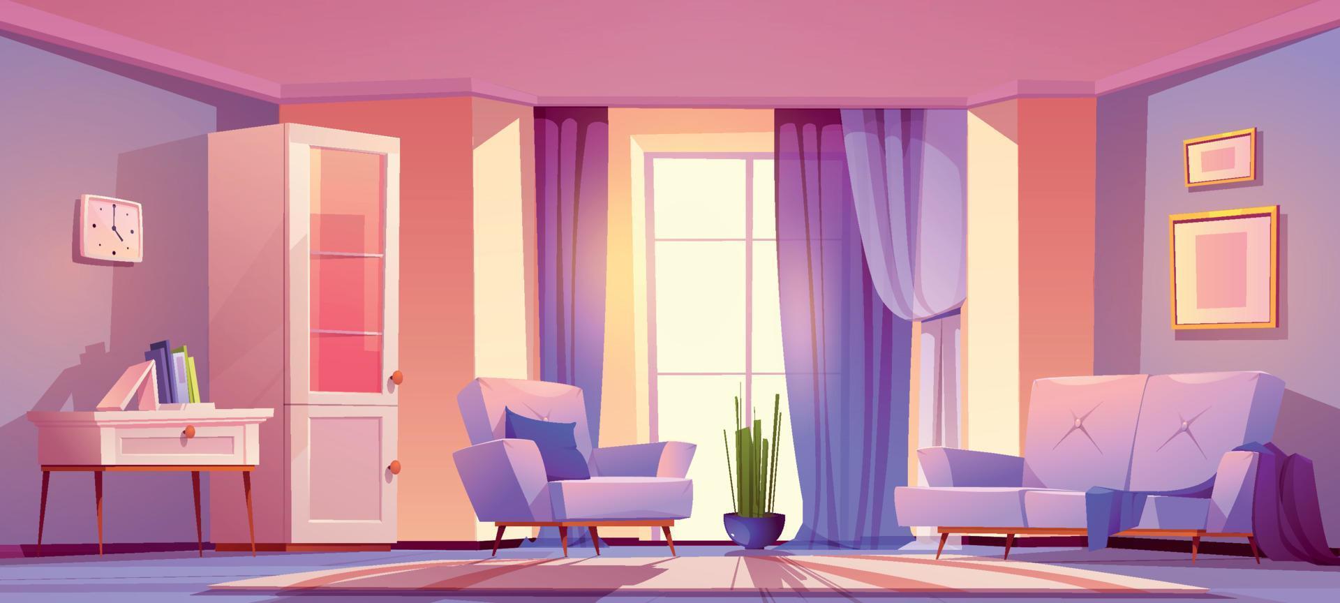 sala de estar con muebles y cortinas violetas vector