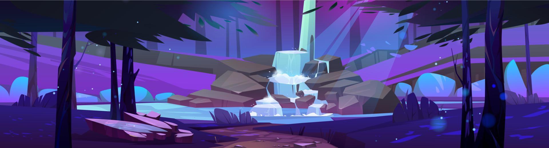 Waterfall jet in night forest cartoon landscape vector