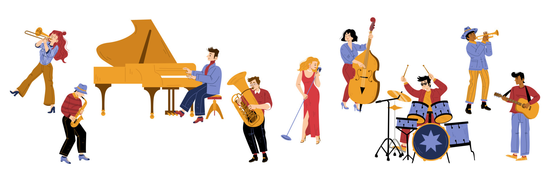 Jazz band vibe, artists performing music on stage 13194641 Vector Art