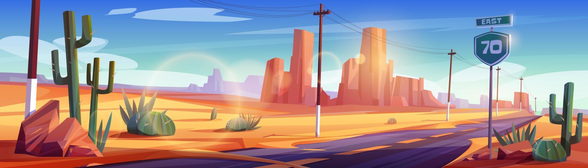 Road in desert landscape with rocks and cacti vector