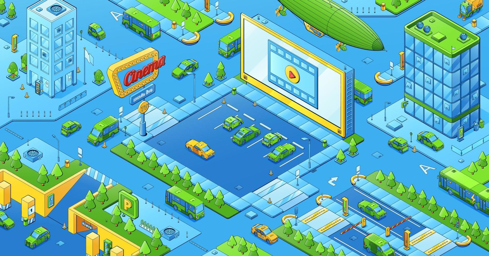 Modern cityscape, isometric city with car cinema vector