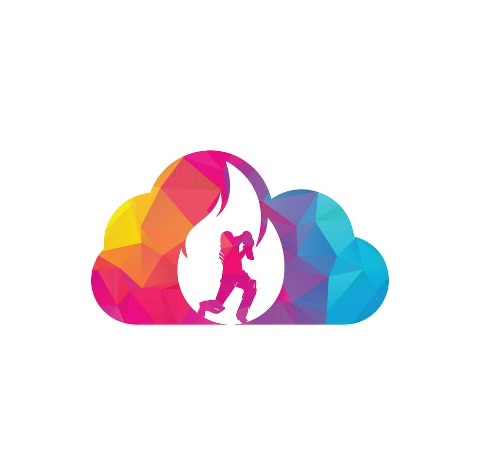 Fire cricket player vector logo design. Cricket fire cloud logo icon. Batsman playing cricket and fire combination logo