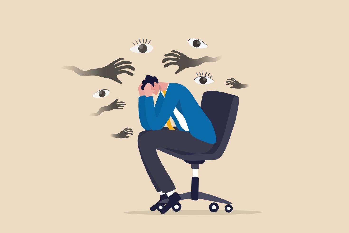 Paranoia, fear and panic cause by mental health, phobia or disorder from mental disorder, depression from stress and anxiety concept, paranoia businessman sitting on a chair with creepy hand and eyes. vector