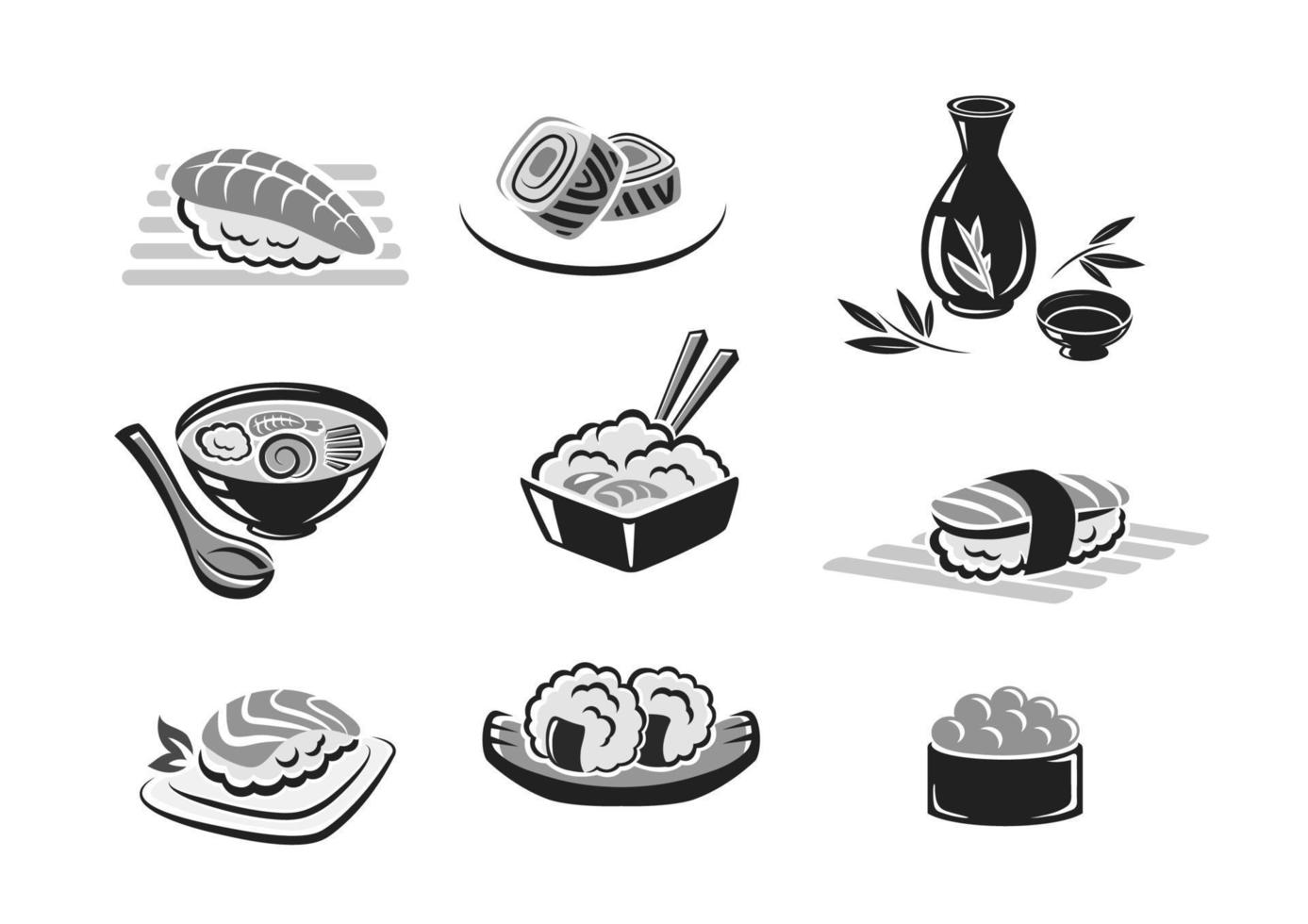 conjunto de iconos vectoriales de rollos de sushi o mariscos vector