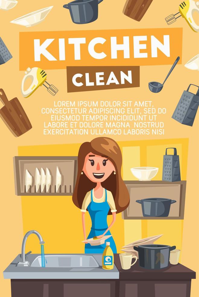 Kitchen cleaning card of housewife doing housework vector