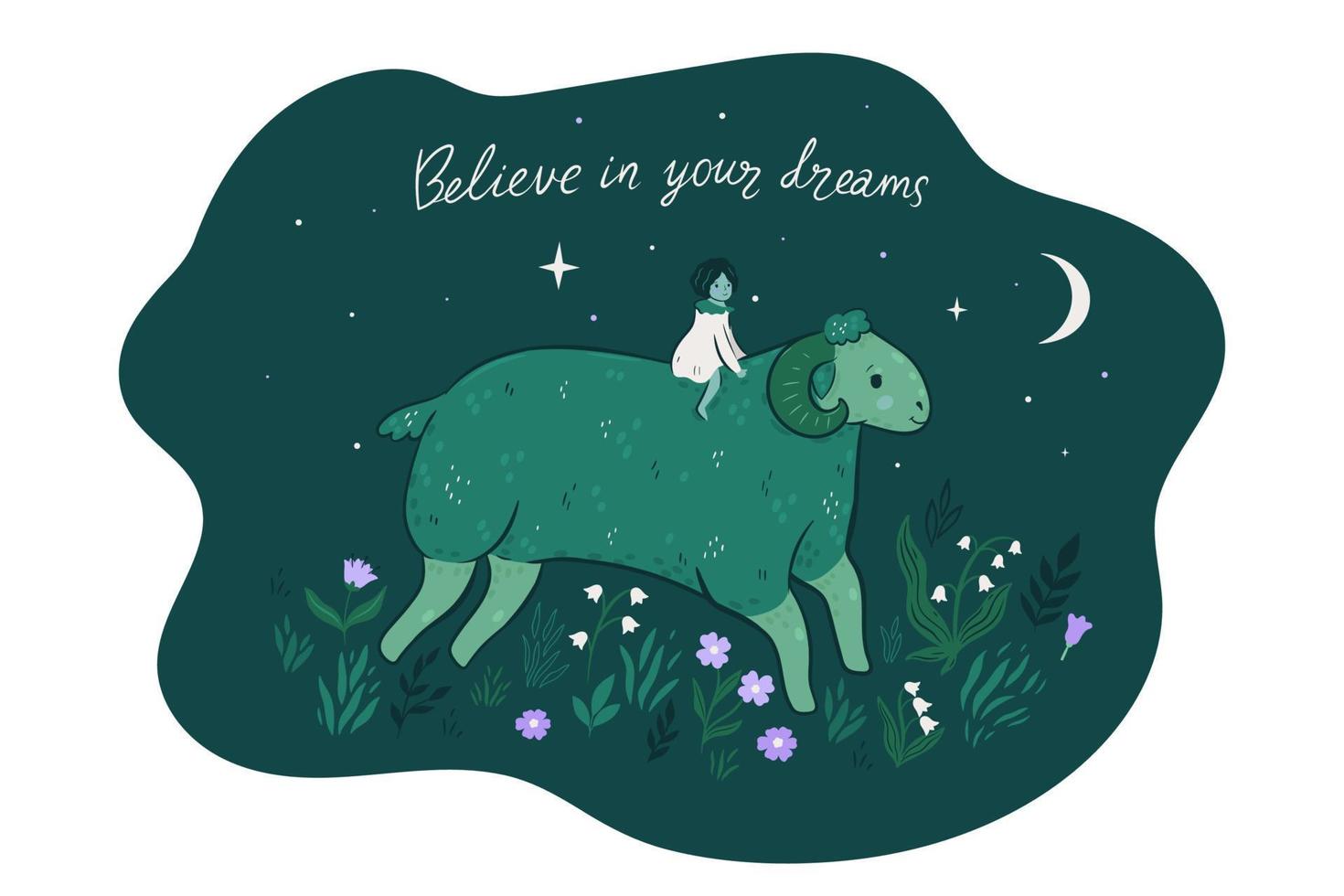 Postcard with a sheep and a girl. Vector graphics.