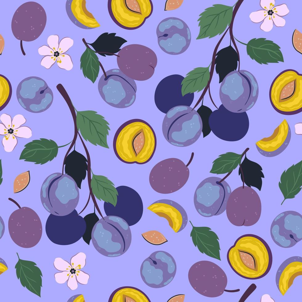 Seamless pattern with blue plum fruits. Vector graphics.