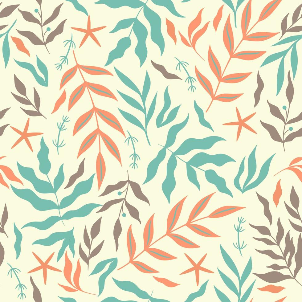 Seamless pattern with seaweed and starfish. Vector graphics.