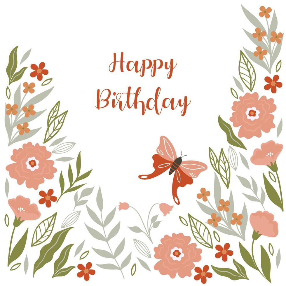 Birthday card with flowers and butterfly. Vector graphics.