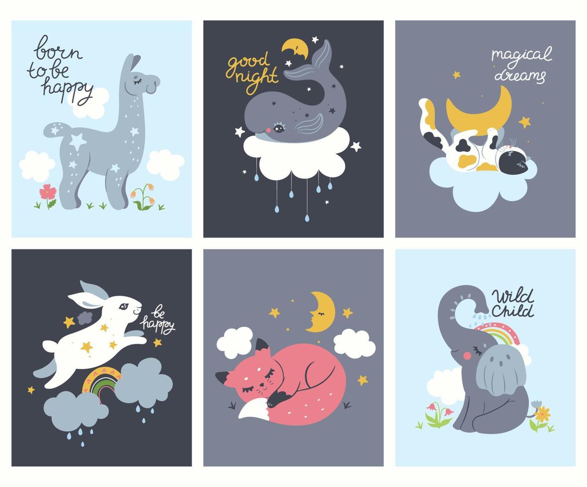 Collection of posters for the nursery with animals. Vector graphics.