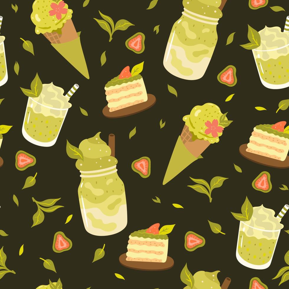 Seamless pattern with matcha green tea products. Vector graphics.
