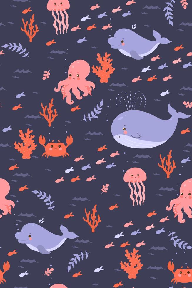 Seamless pattern with cute sea animals. Vector graphics.