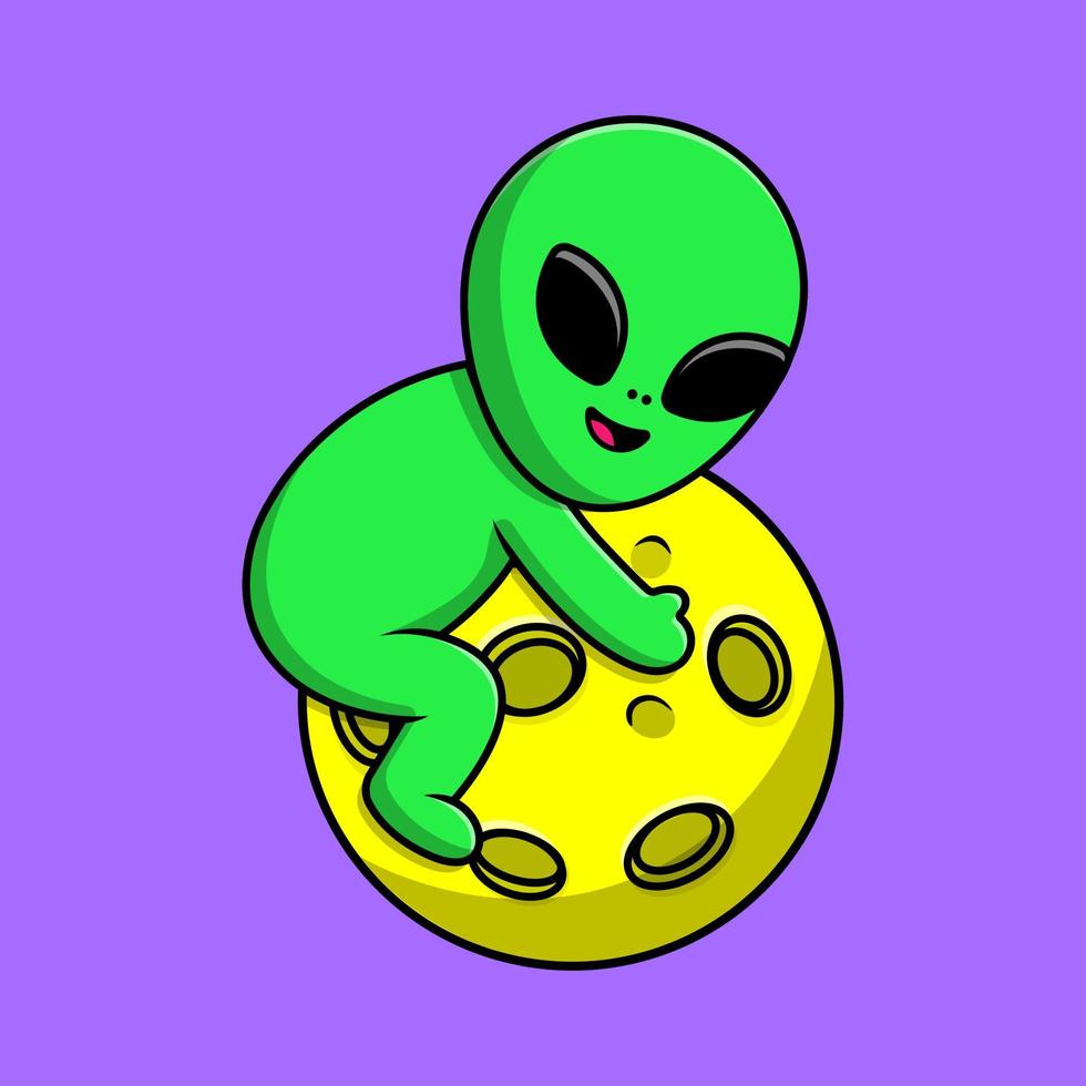 Cute Alien On Moon Cartoon Vector Icons Illustration. Flat Cartoon Concept. Suitable for any creative project.