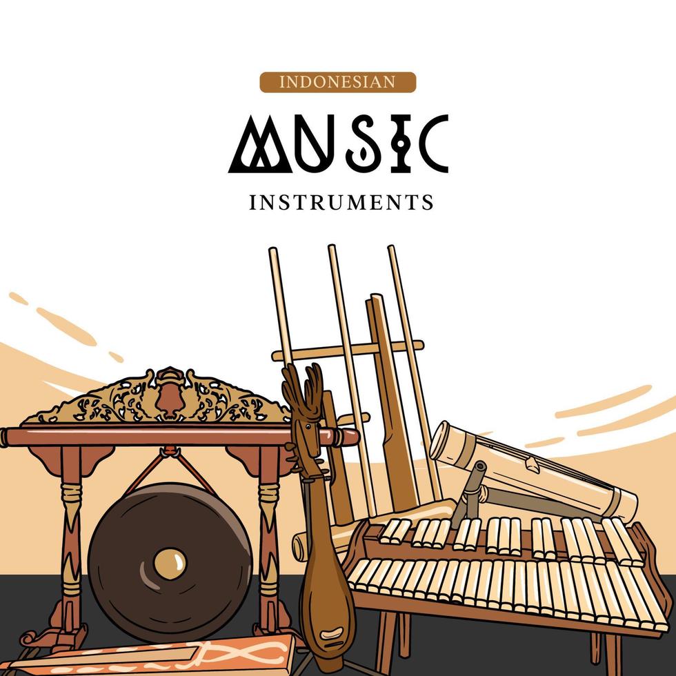 Indonesian music instruments hand drawn vector illustration. Music social media post template