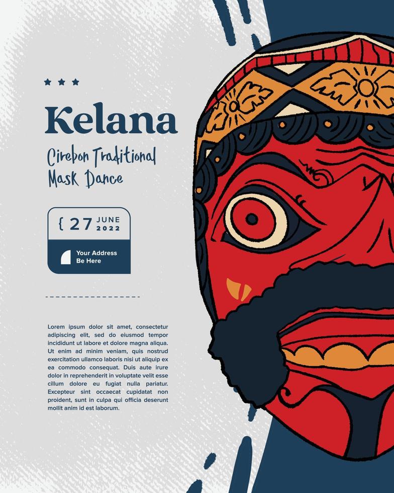 kelana, cirebon sundanese traditional mask dance event poster hand drawn illustration vector