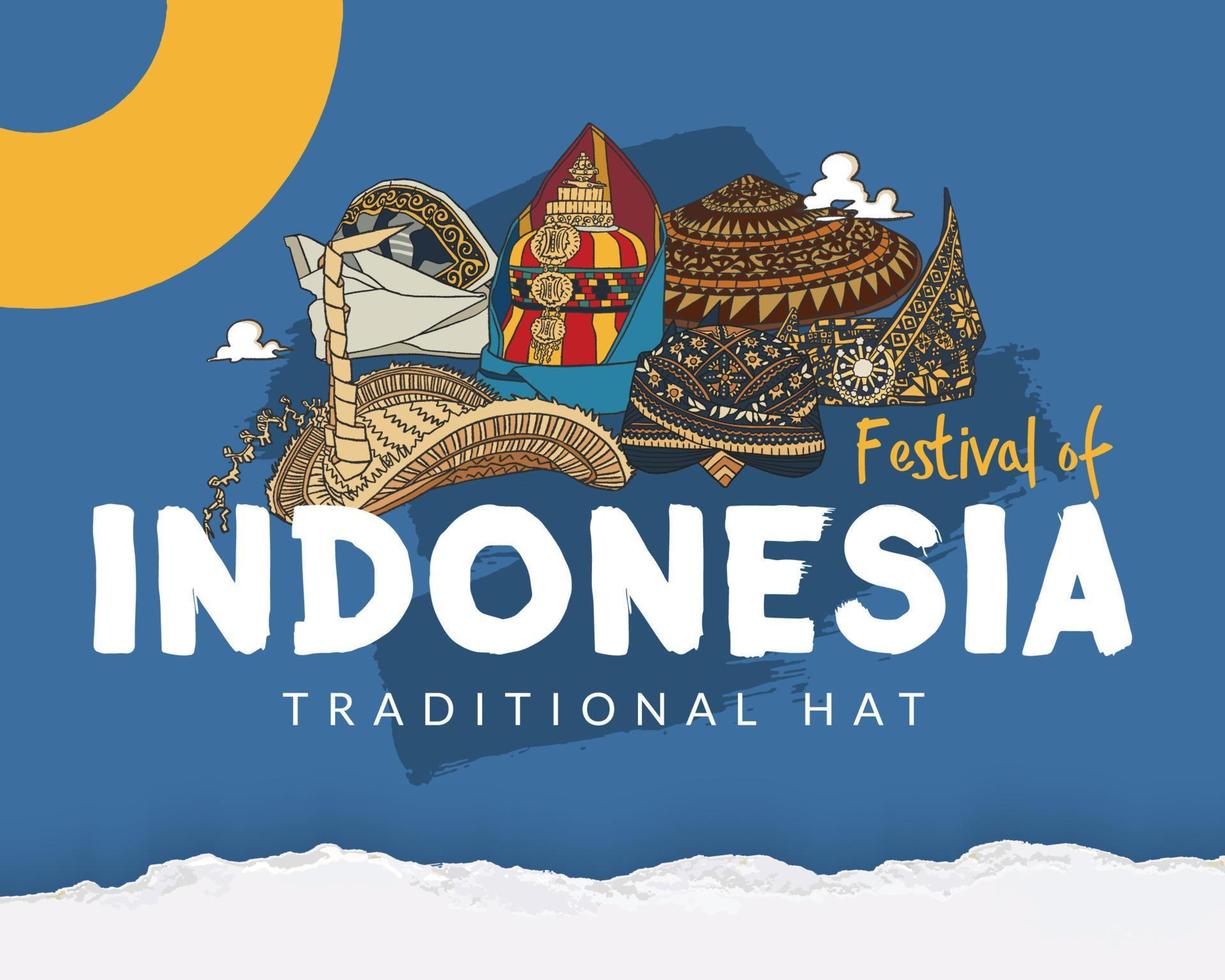 cartel colorido de la ilustración dibujada a mano del sombrero tradicional de indonesia para la inspiración del diseño de las redes sociales vector