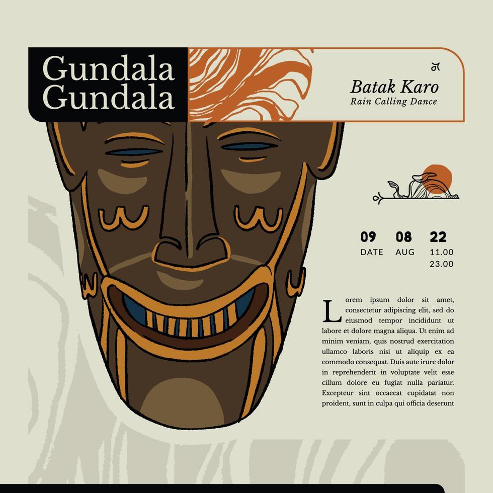 máscara tradicional de indonesia llamada gundala gundala para llamar a la lluvia en la tribu batak karo ilustración dibujada a mano vector