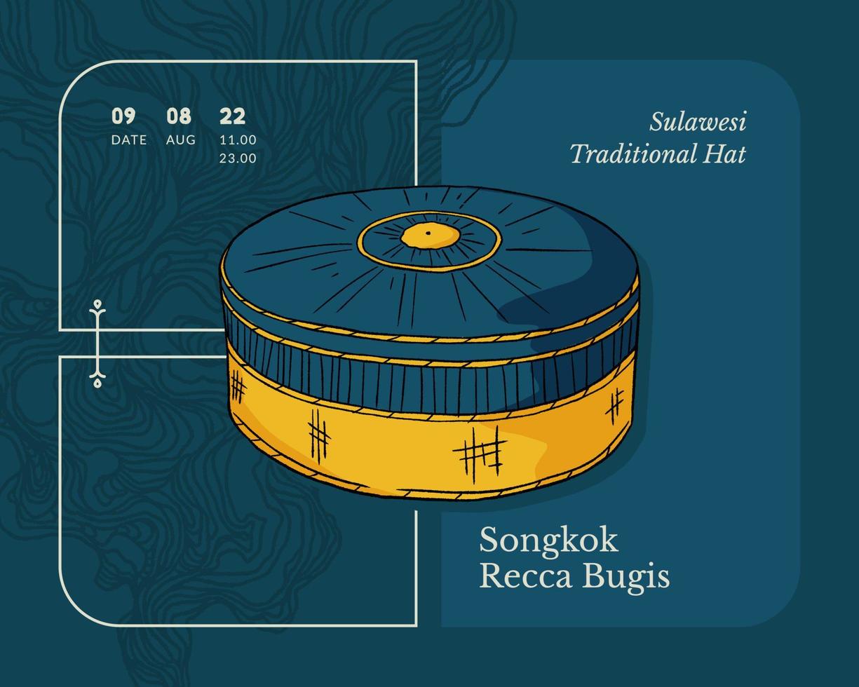 songkok recca bugis sombrero tradicional cultura indonesia ilustración dibujada a mano vector