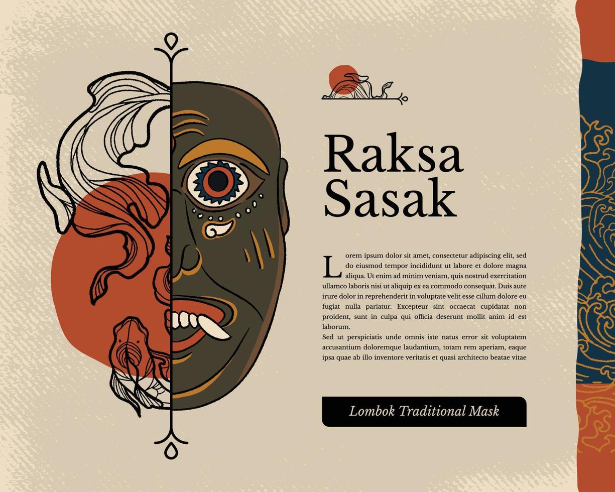 raksa sasak lombok máscara tradicional cultura indonesia ilustración dibujada a mano vector