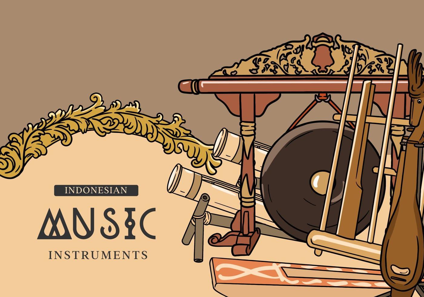 Indonesian music instruments hand drawn vector illustration. Music social media post template