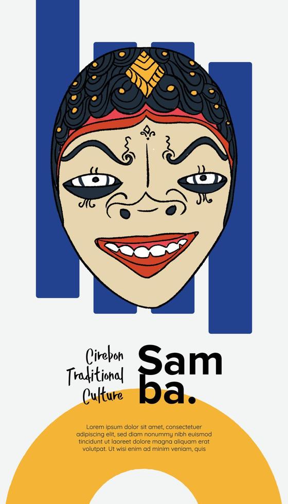 samba, sundanese traditional mask indonesia culture hand drawn illustration design inspiration vector