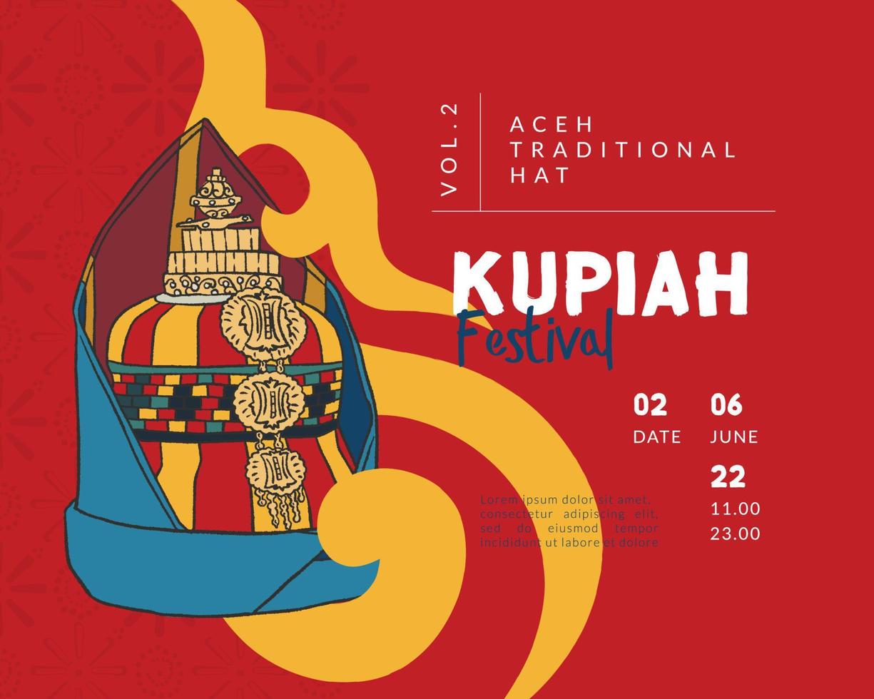 sombrero tradicional kupiah acehnese ilustración dibujada a mano cultura de indonesia para inspiración de diseño de póster en redes sociales vector