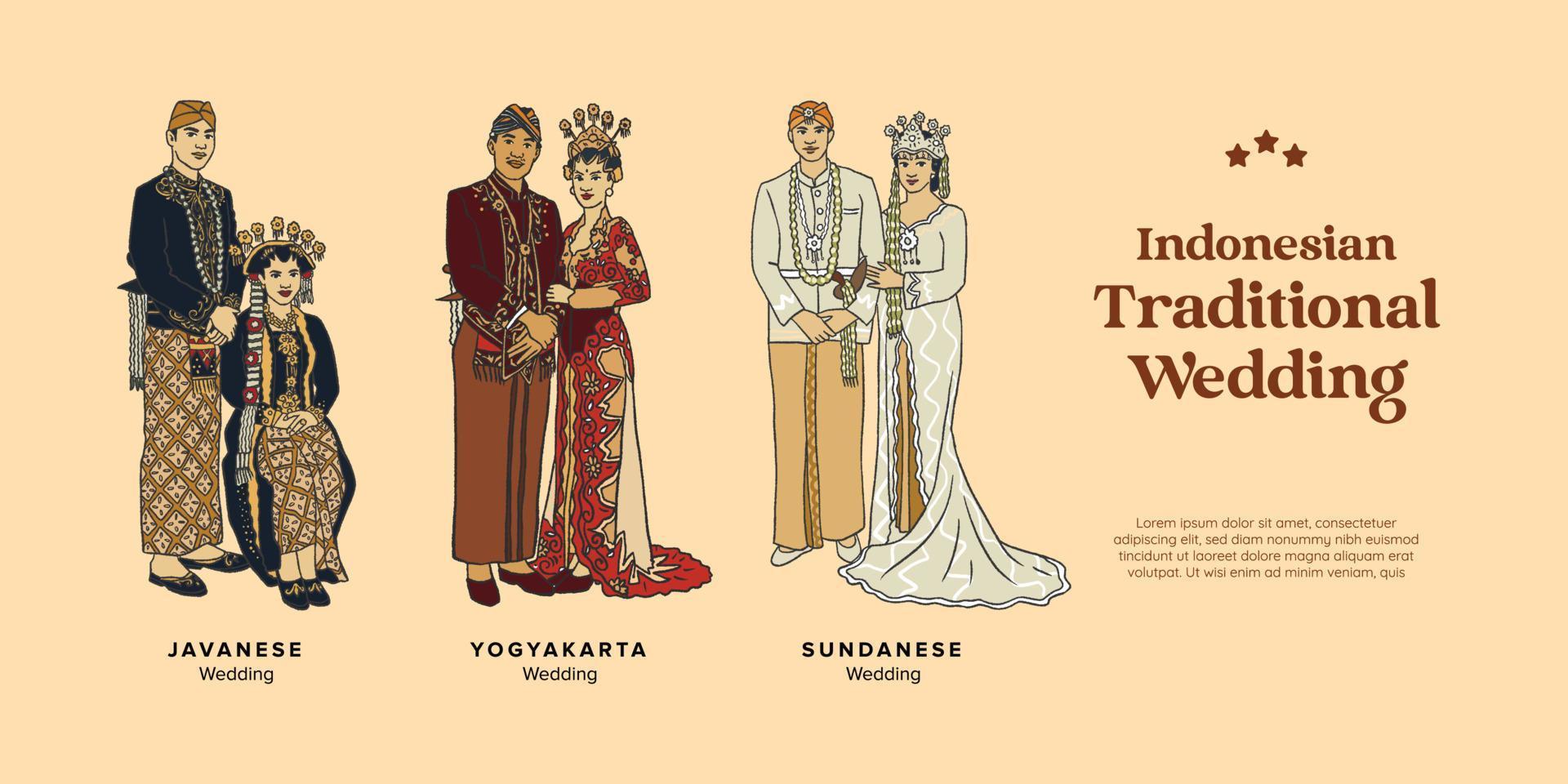 Isolated Indonesian Traditional Wedding Hand Drawn Illustration in Yogyakarta, Sunda, and Java vector