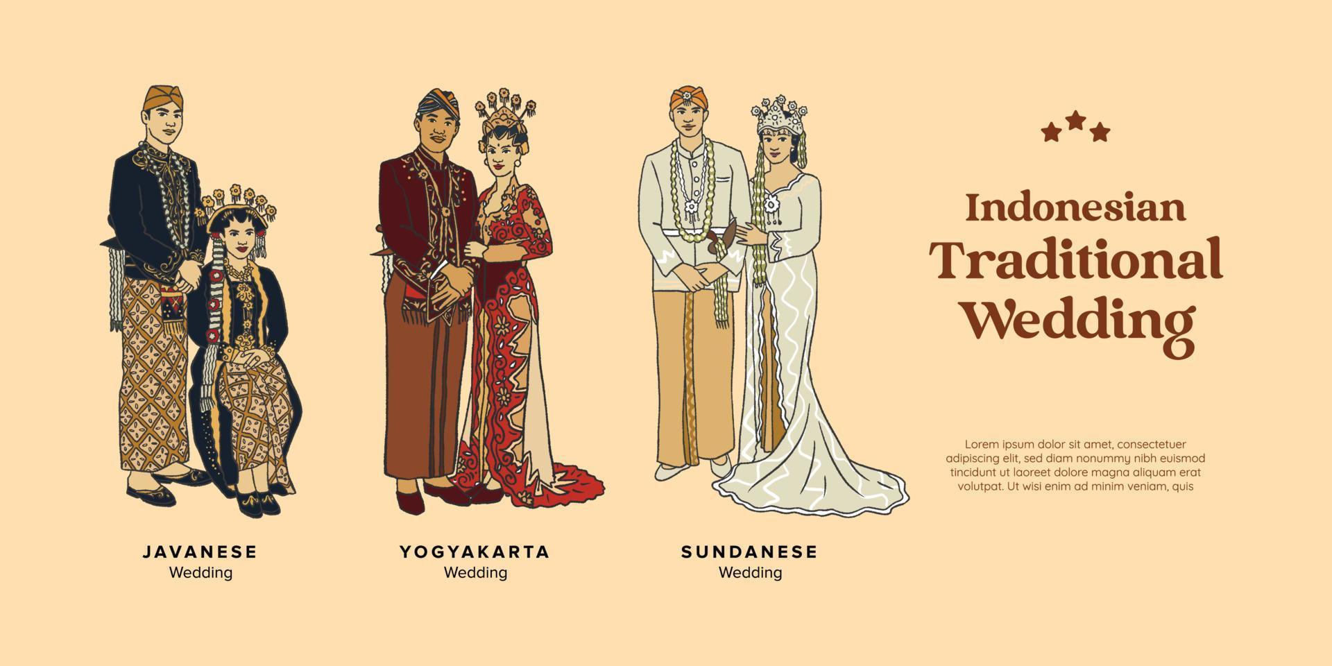 ilustración dibujada a mano de boda tradicional indonesia aislada en yogyakarta, sunda y java vector