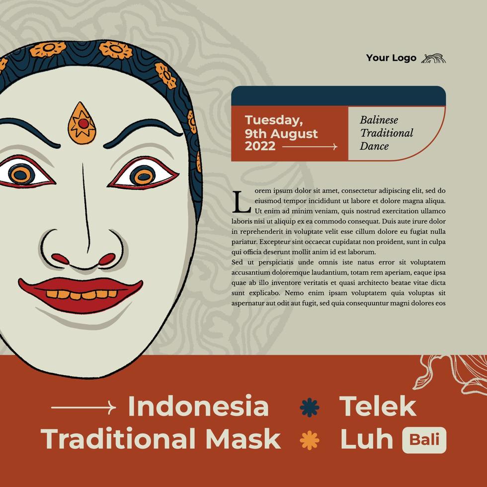 balinese traditional mask called telek luh indonesia culture handrawn illustration vector