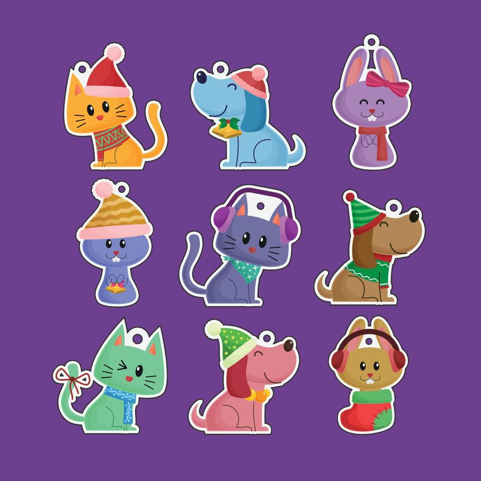 Christmas cat dog pet stickers ornaments hand drawn flat collection vector