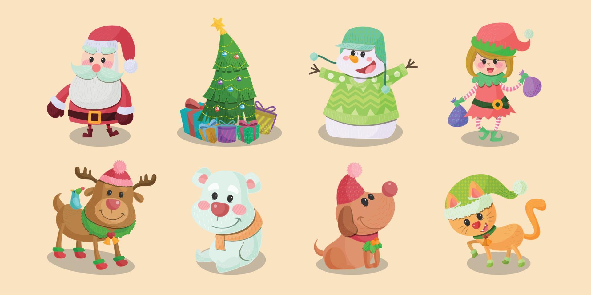 Christmas cute characters hand drawn flat illustration set vector