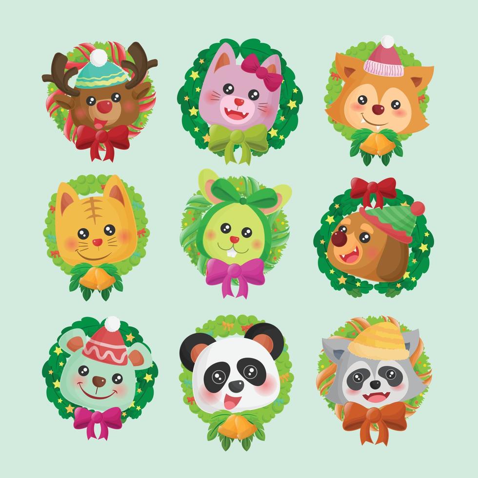 Christmas cute pet animal face hand drawn flat collection vector