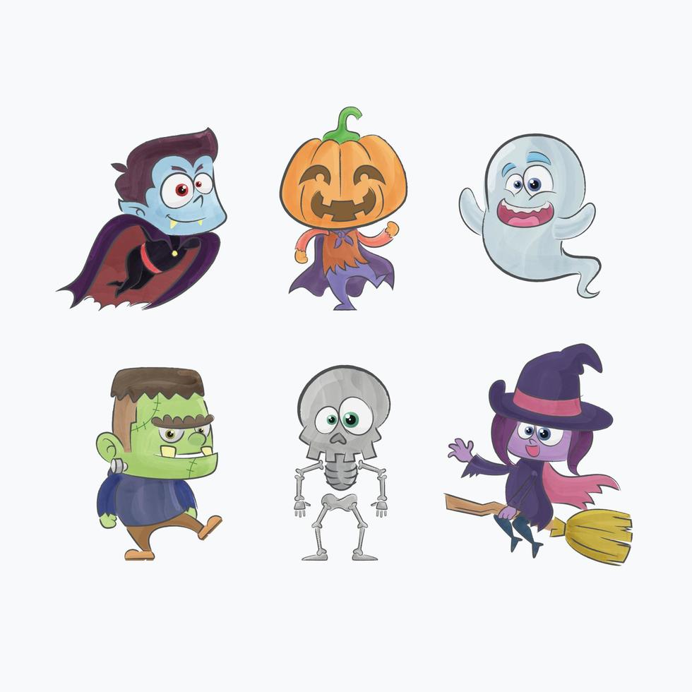 lindos personajes de halloween acuarela dibujos animados colección dibujada a mano vector