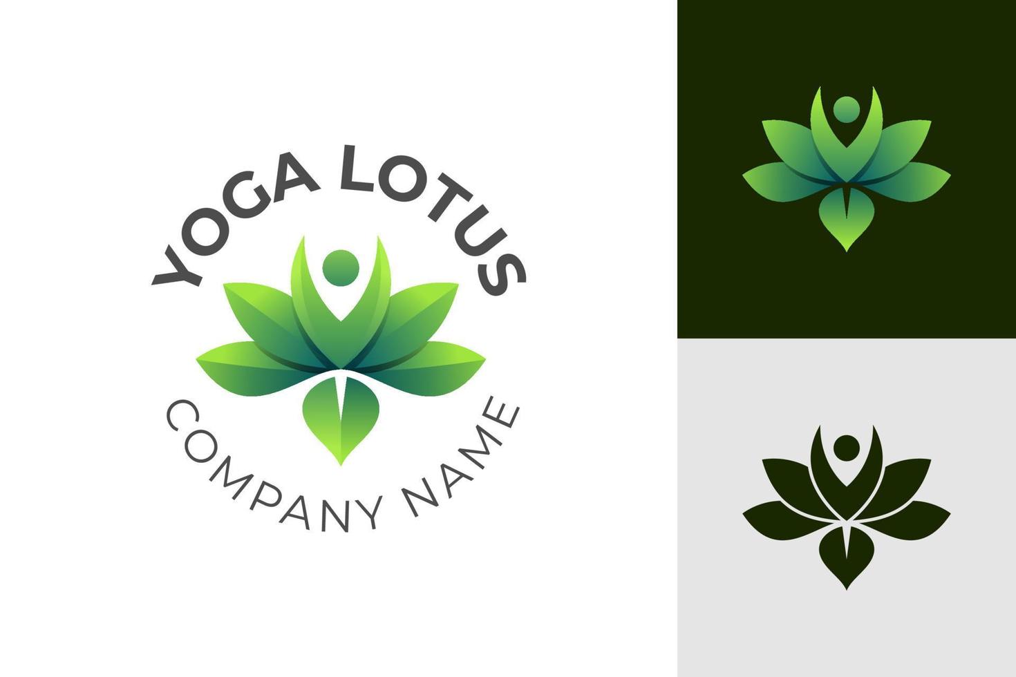 gradiente de diseño de logotipo de loto de yoga y diseño de elementos de símbolo de vector de estilo plano con concepto de icono de loto de personas y flores para centro de tratamiento de yoga, masaje, diseño de logotipo de spa saludable