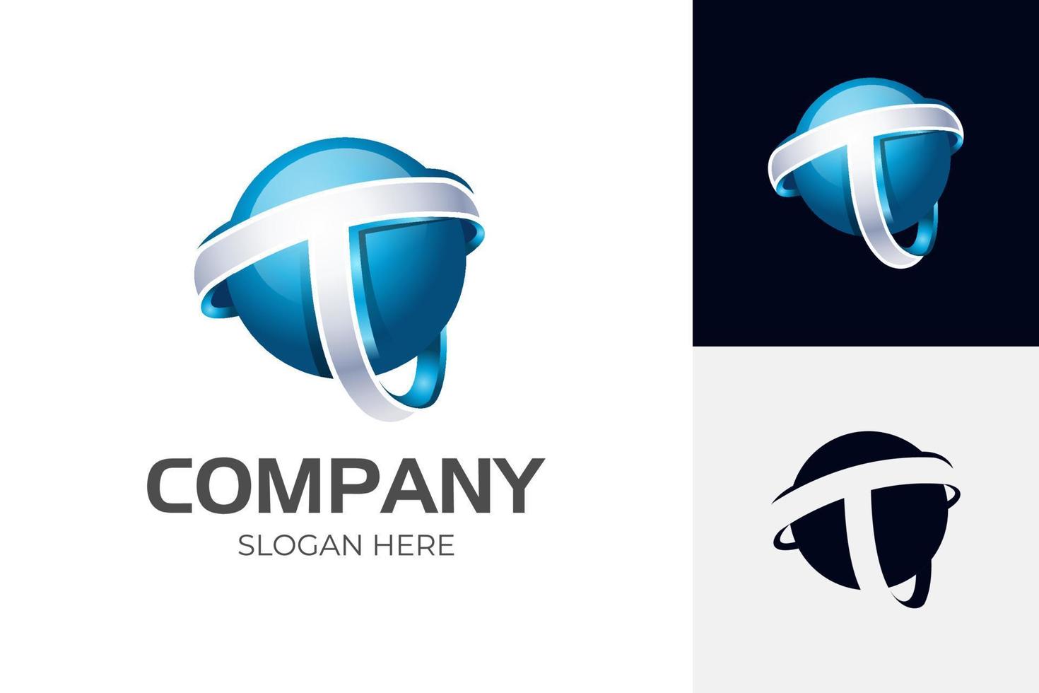 abstract metal blue letter T globe logo design gradient style vector symbol with circle globe design elements for business technology logo