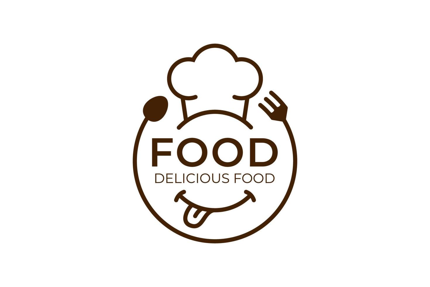 diseño de vector de estilo de línea de placa de logotipo de comida deliciosa de restaurante con concepto de icono de cara sonriente, tenedor y cuchara para catering, diseño de logotipo culinario de comida