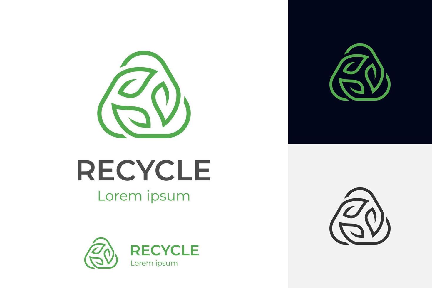 reciclaje de triángulo de línea con hoja verde, logotipo de ecología de reciclaje o plantilla de vector de diseño de icono