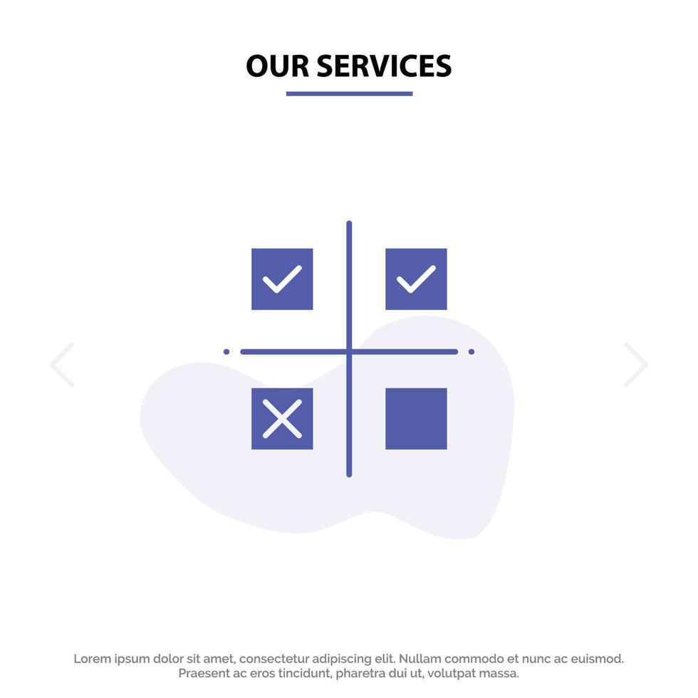 Our Services Business Management Priorities Product Production Solid Glyph Icon Web card Template vector