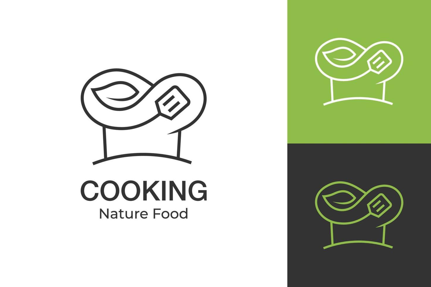 diseño de logotipo de cocina de chef natural diseño de icono de símbolo de vector de estilo de línea con elementos de diseño de tapa, hoja y espátula para alimentos saludables, verduras, vegetariano