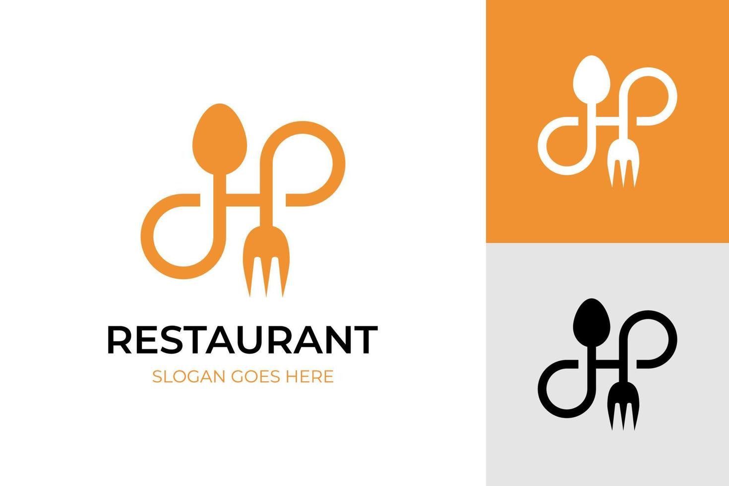 logotipo inicial de la letra h del restaurante, diseño de elementos del símbolo del logotipo de la comida infinita con concepto de icono de tenedor y cuchara para el diseño del logotipo culinario de alimentos vector