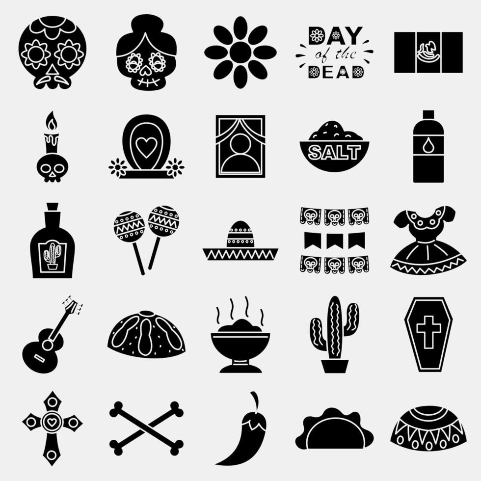 Icon set day of the dead. Day of the dead celebration elements. Icons in glyph style. Good for prints, posters, logo, party decoration, greeting card, etc. vector